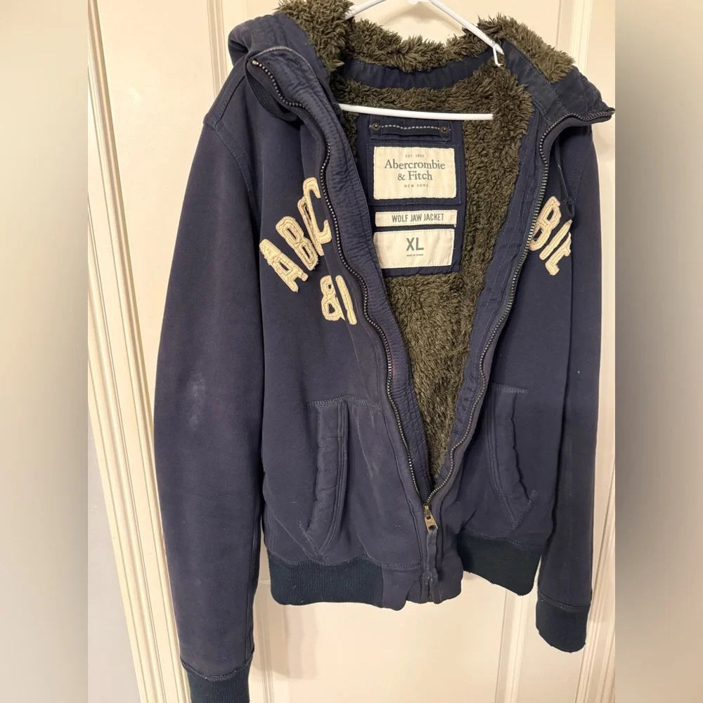 Vintage Abercrombie & Fitch 2000s Wolf Jaw Navy Faux Fur Lined Hooded Jacket XL - Picture 5 of 5